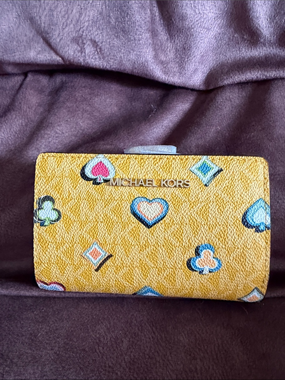 Michael Kors Yellow Card Case with Multicolor Heart & Club Motifs